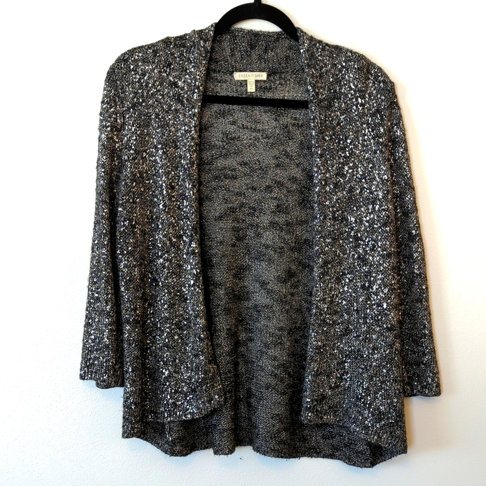 Eileen Fisher Metallic 3/4 Sleeve Open Front Knit Cardigan Women's XS